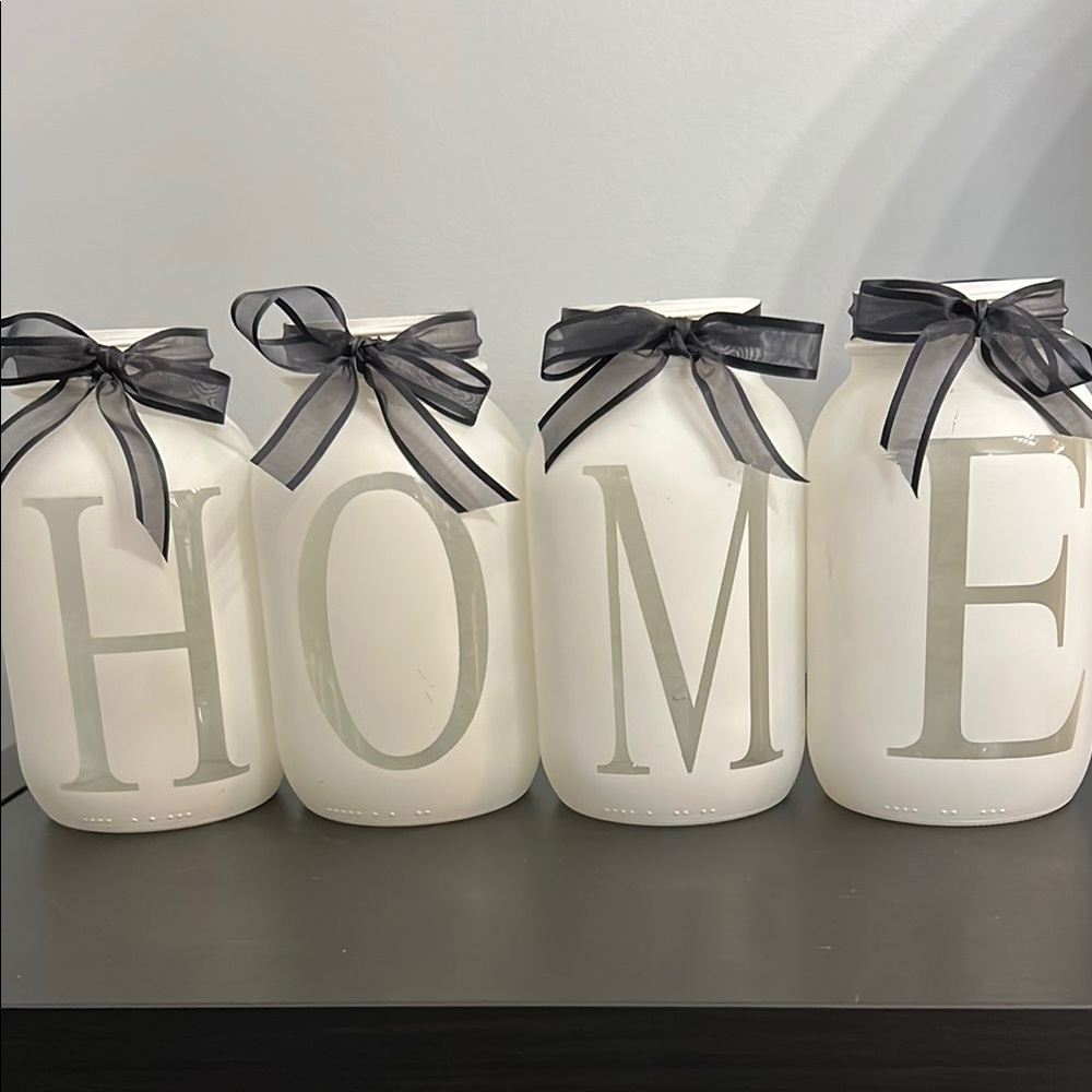 Elegant White 'HOME' Decorative Jars with Black Ribbon